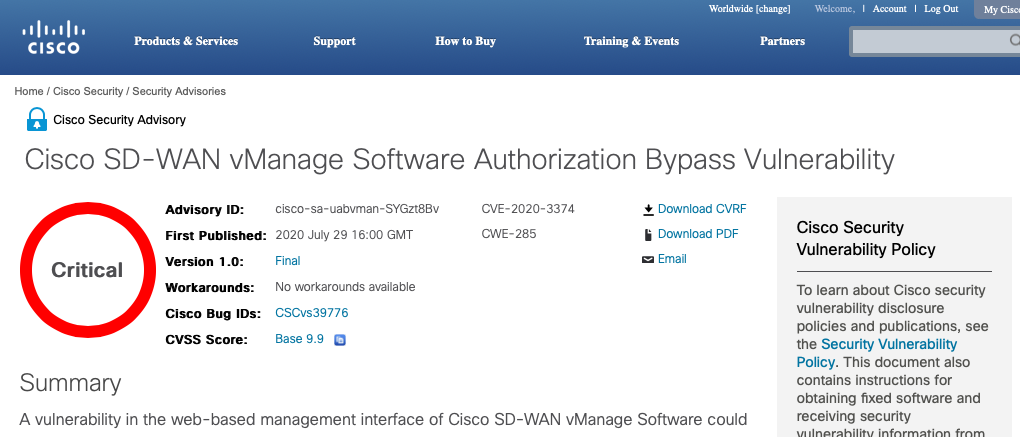 「安全通告」Cisco SD-WAN高危漏洞 （CVE-2020-3374，CVE-2020-3375）