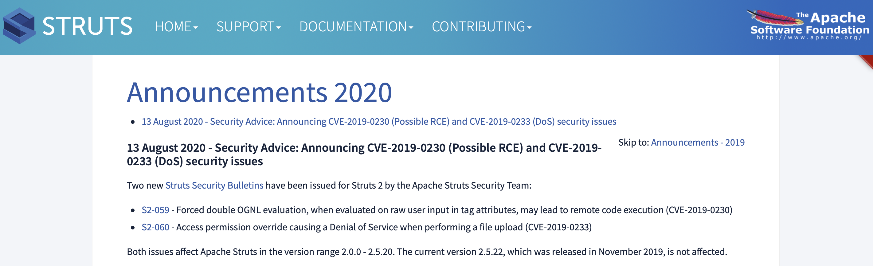 「漏洞通告」Struts S2-059/S2-060安全漏洞 （CVE-2019-0230，CVE-2019-0233）
