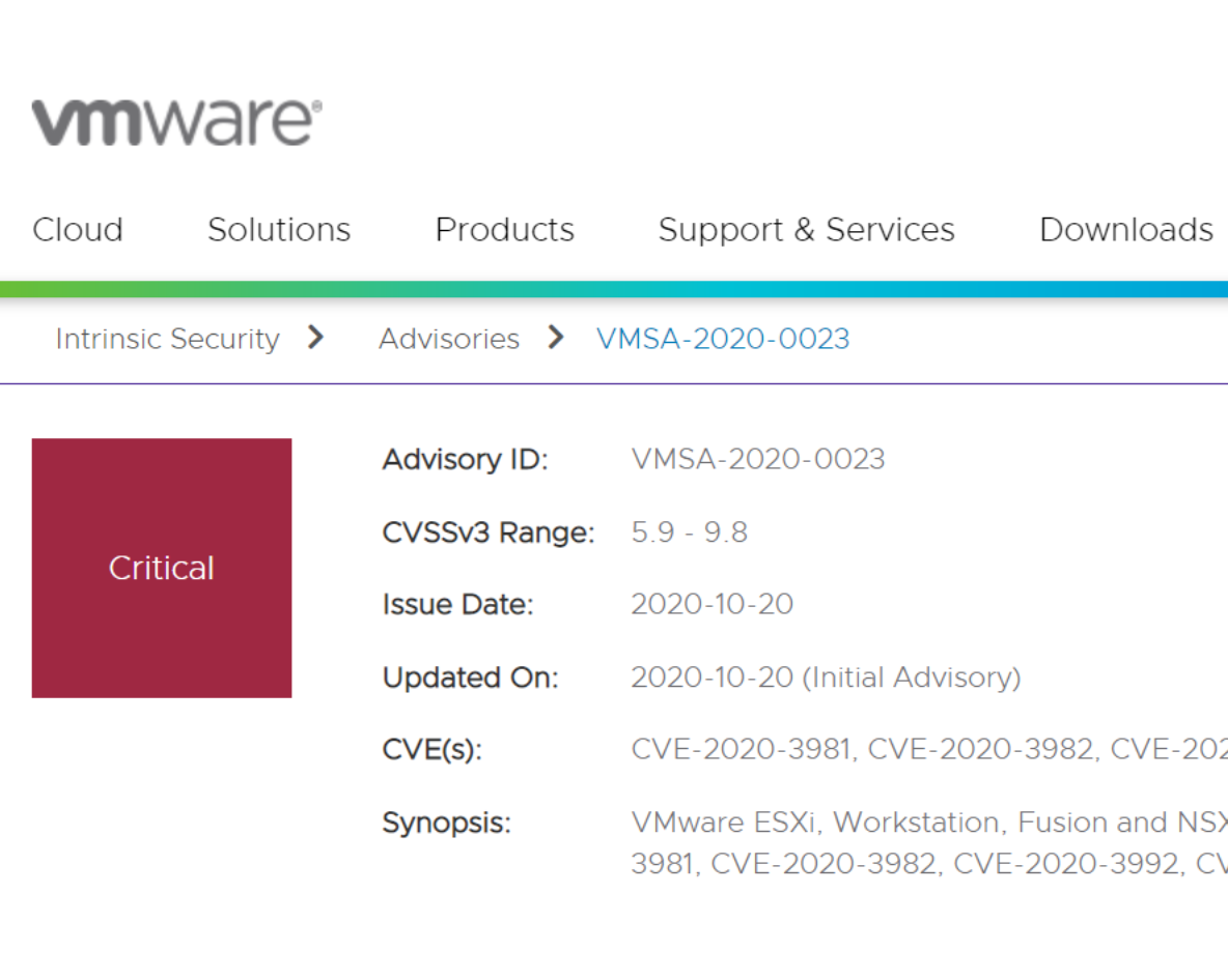 【安全通告】VMware ESXi 远程代码执行漏洞（CVE-2020-3992）