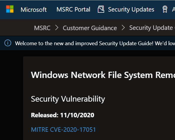 【安全通告】Windows 网络文件系统漏洞（CVE-2020-17051、CVE-2020-17056）